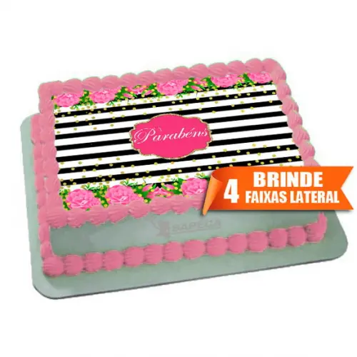 Papel Arroz Floral Listras Parabéns Grande + Brinde Faixas