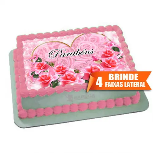 Papel arroz Flores Parabéns Rosas + Brinde Faixas Laterais