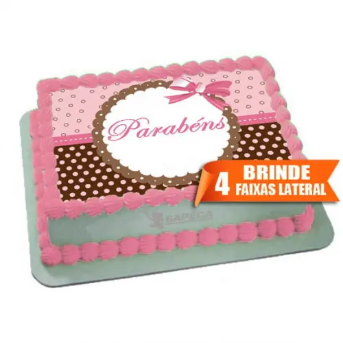 Papel arroz Parabéns Poa Rosa + Brinde Faixas Laterais