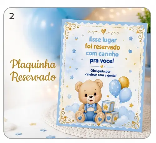 Plaquinha de Mesa  Reservado Ursinho Azul Chá de Bebê e Anivers