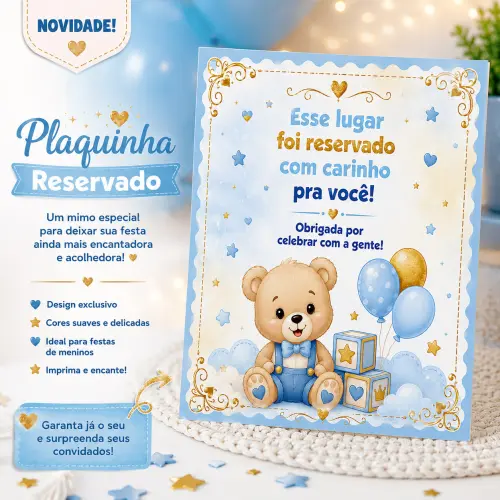 Plaquinha de Mesa  Reservado Ursinho Azul Chá de Bebê e Aniversário
