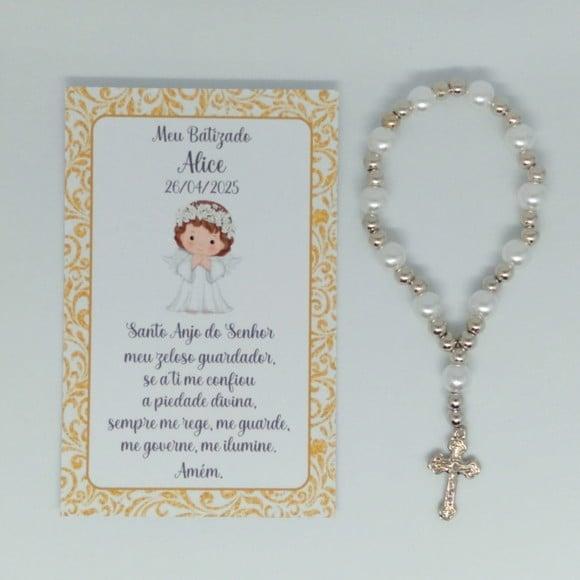 Cartão com Mini Terço Personalizado Batizado Menina