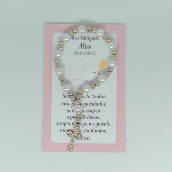 Cartão com Mini Terço Personalizado Batizado Menina
