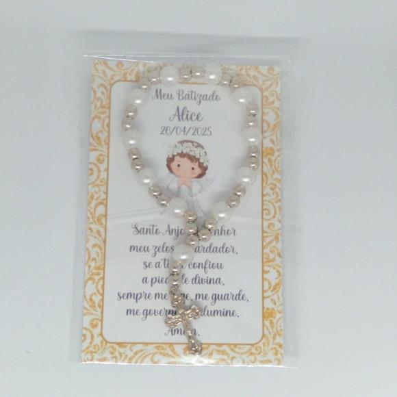 Cartão com Mini Terço Personalizado Batizado Menina