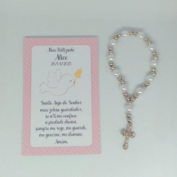 Cartão com Mini Terço Personalizado Batizado Menina