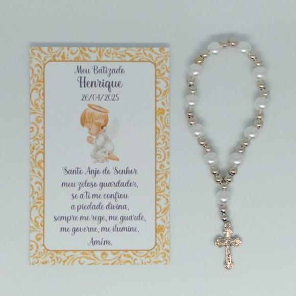 Cartão com Mini Terço Personalizado Batizado Menino