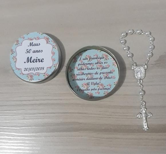 Latinha com Mini Terço Personalizada Aniversário 50 Anos