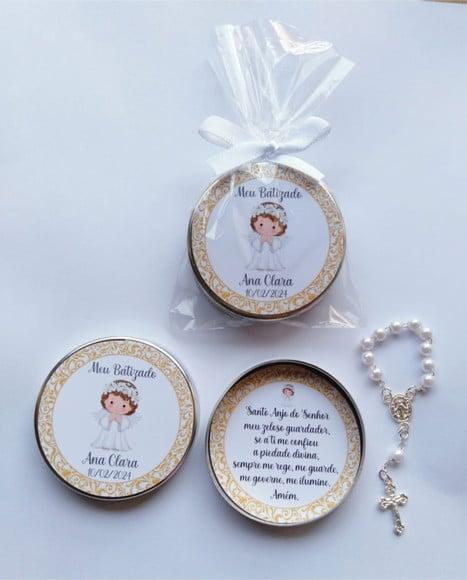 Latinha com Mini Terço Personalizada Batizado Menina