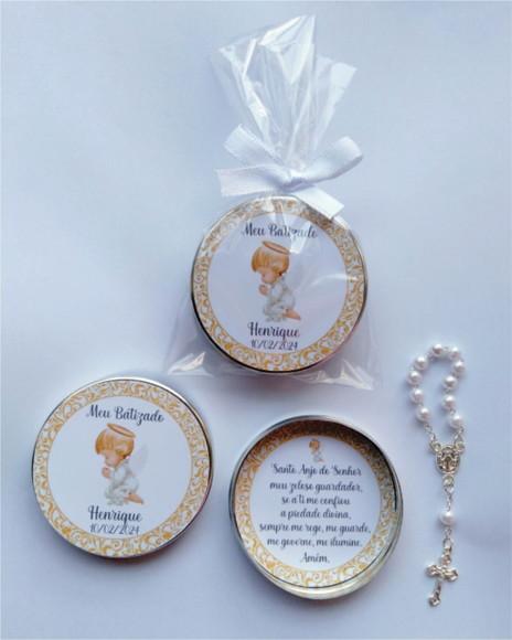 Latinha com Mini Terço Personalizada Batizado Menino