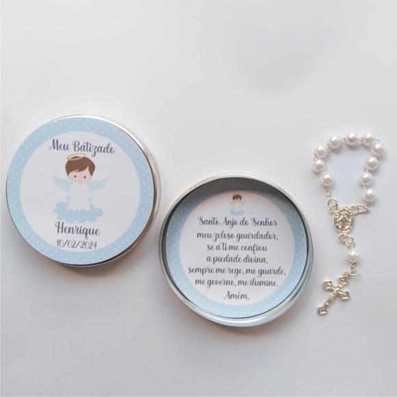 Latinha com Mini Terço Personalizada Batizado Menino