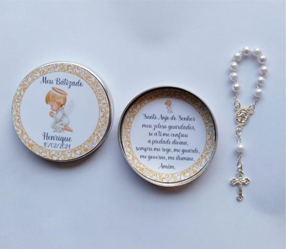 Latinha com Mini Terço Personalizada Batizado Menino