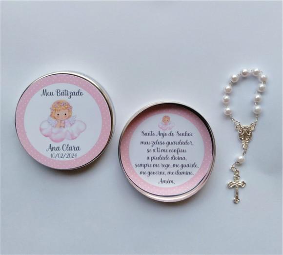 Latinha com Mini Terço Personalizada Batizado Menina