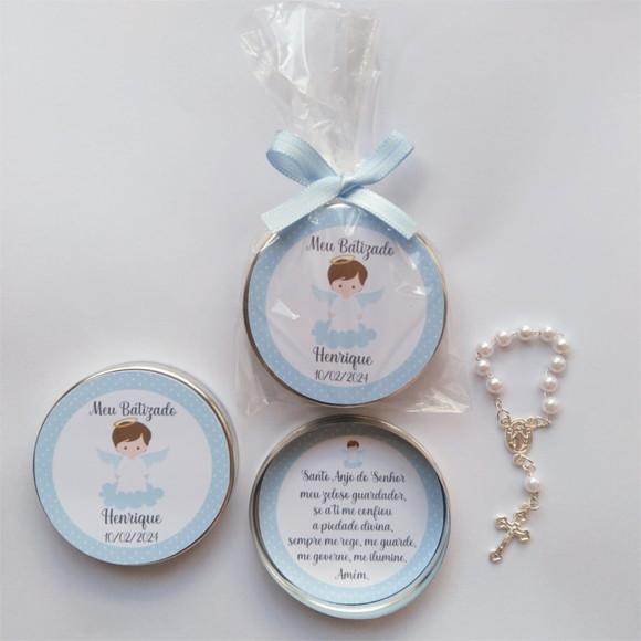Latinha com Mini Terço Personalizada Batizado Menino
