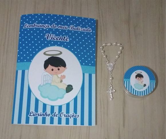 Livrinho de Orações + Latinha com Mini Terço Batizado Menino