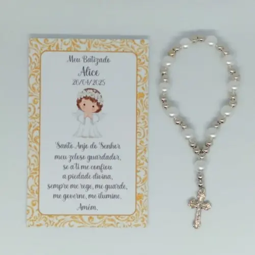 Cartão com Mini Terço Personalizado Batizado Menina
