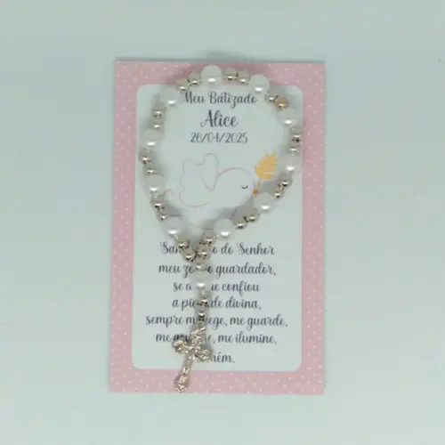 Cartão com Mini Terço Personalizado Batizado Menina