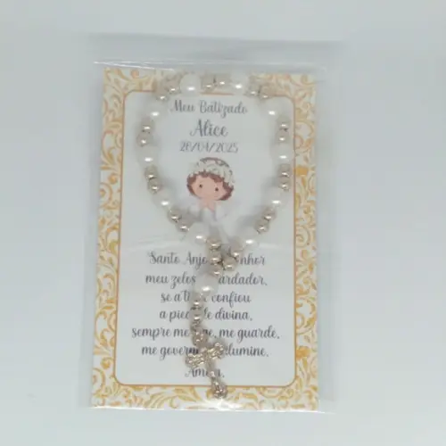 Cartão com Mini Terço Personalizado Batizado Menina