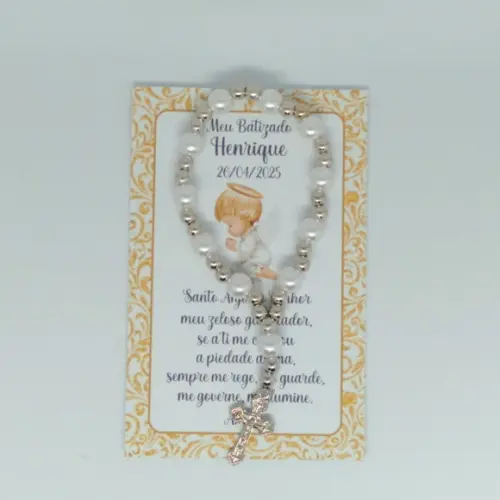 Cartão com Mini Terço Personalizado Batizado Menino