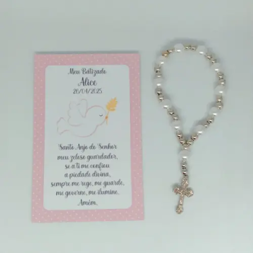 Cartão com Mini Terço Personalizado Batizado Menina