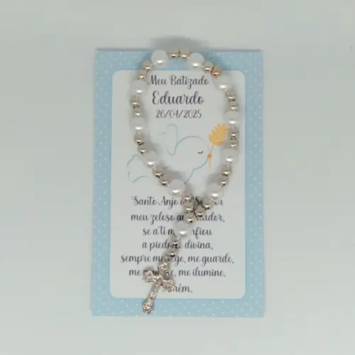 Cartão com Mini Terço Personalizado Batizado Menino