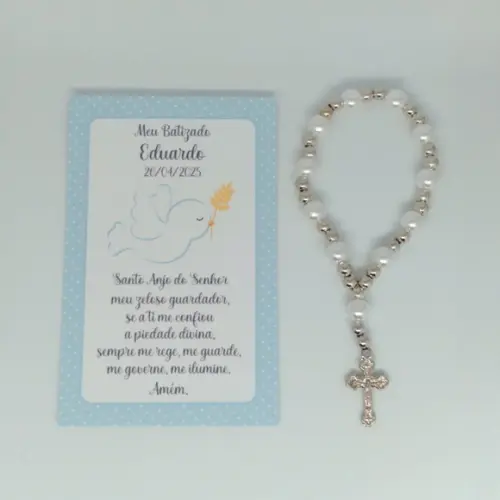Cartão com Mini Terço Personalizado Batizado Menino