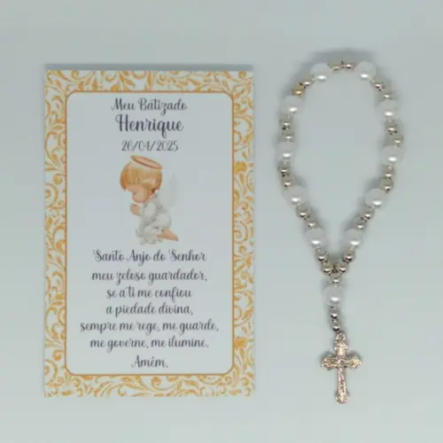 Cartão com Mini Terço Personalizado Batizado Menino