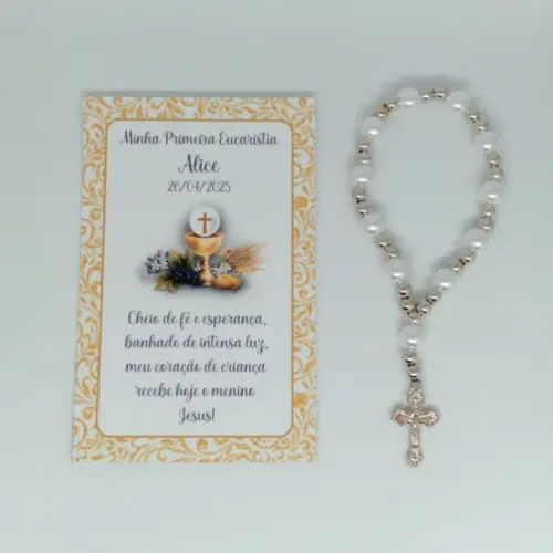 Cartão com Mini Terço Personalizado Primeira Eucaristia