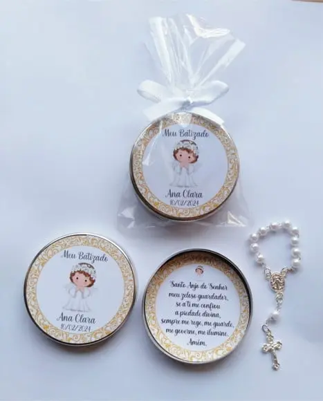 Latinha com Mini Terço Personalizada Batizado Menina