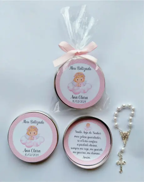 Latinha com Mini Terço Personalizada Batizado Menina