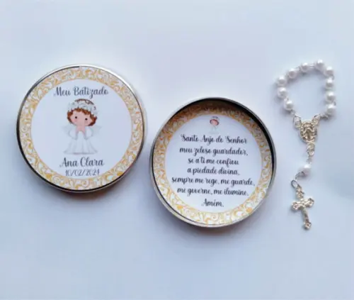 Latinha com Mini Terço Personalizada Batizado Menina