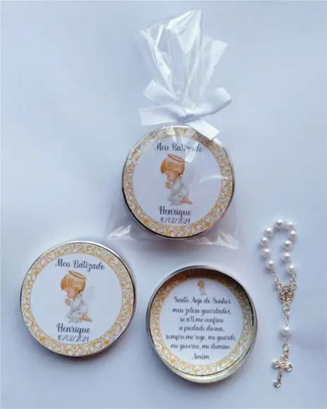 Latinha com Mini Terço Personalizada Batizado Menino