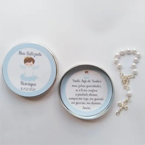 Latinha com Mini Terço Personalizada Batizado Menino