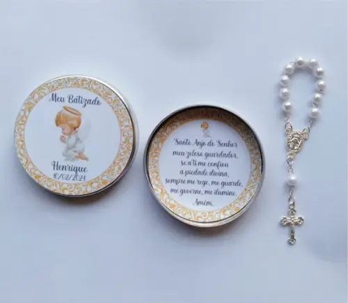 Latinha com Mini Terço Personalizada Batizado Menino