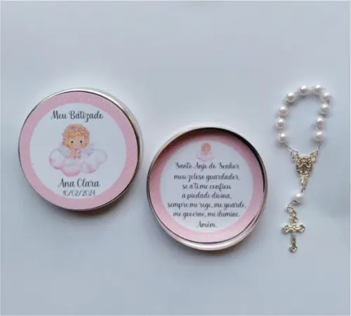 Latinha com Mini Terço Personalizada Batizado Menina