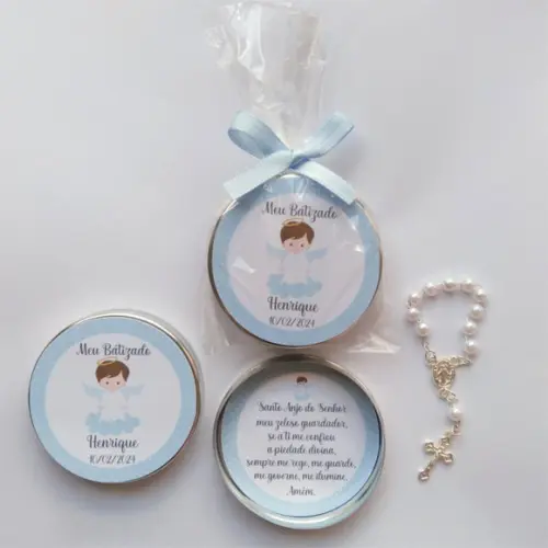 Latinha com Mini Terço Personalizada Batizado Menino