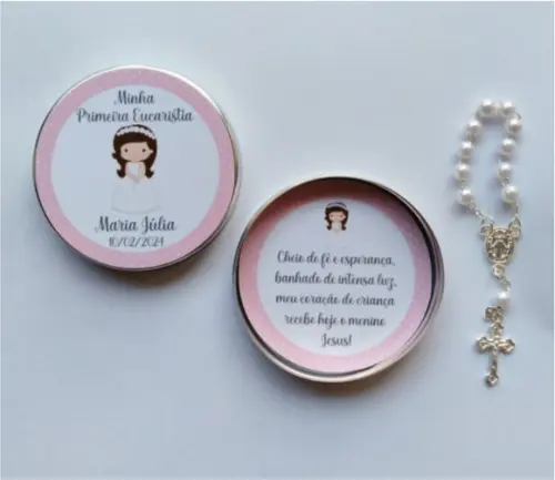 Latinha com Mini Terço Primeira Comunhão Eucaristia Menina