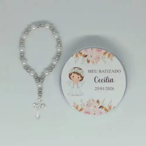 Lembrancinha Batizado Menina Latinha com Mini Terço