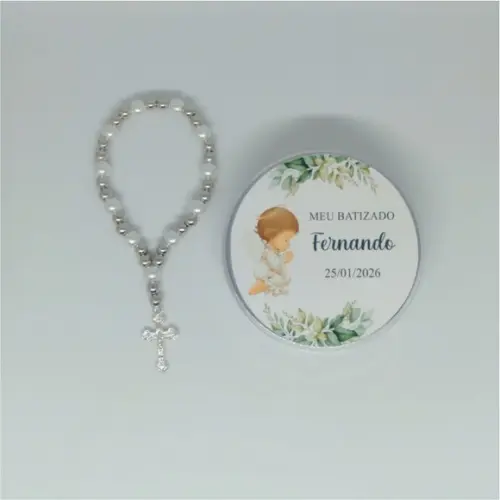 Lembrancinha Batizado Menino Latinha com Mini Terço