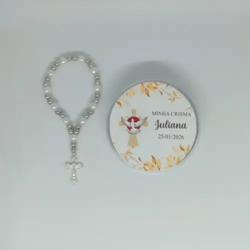 Lembrancinha Crisma Latinha com Mini Terço Personalizada