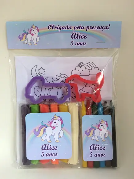 Lembrancinha Kit Massinha, Giz de Cera e Desenhos Unicórnio