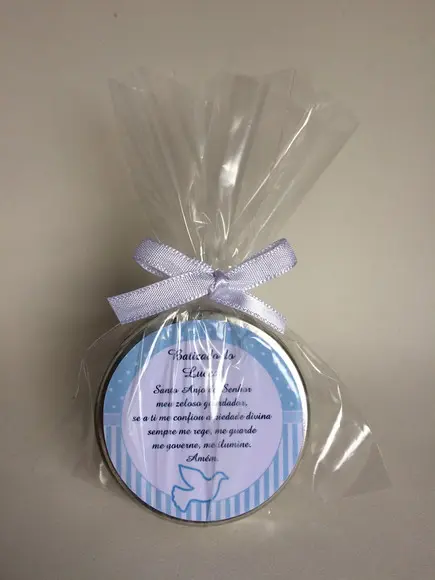 Lembrancinha Latinha com Vela Personalizada Batizado Menino