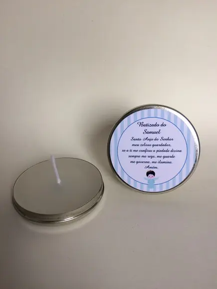 Lembrancinha Latinha com Vela Personalizada Batizado Menino