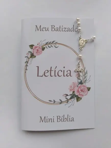 Mini Bíblia com Mini Terço Personalizada Batizado