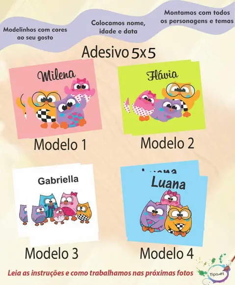 Adesivo 5x5 cm Quadradinho- Bubu e as Corujinhas