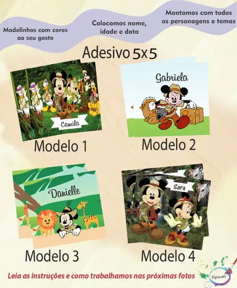 Adesivo 5x5 cm Quadradinho- Mickey Safari