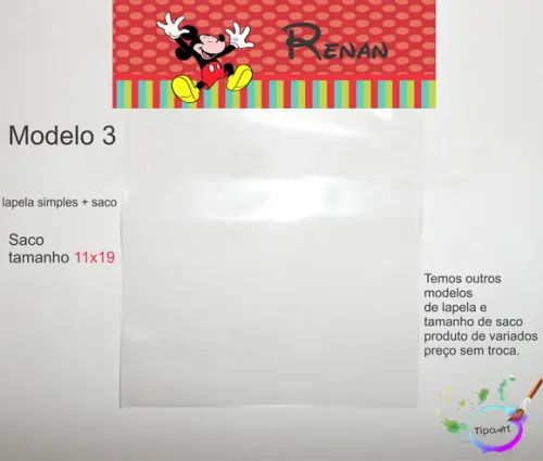 Lapela(simples) e Saco 11x19-mickey