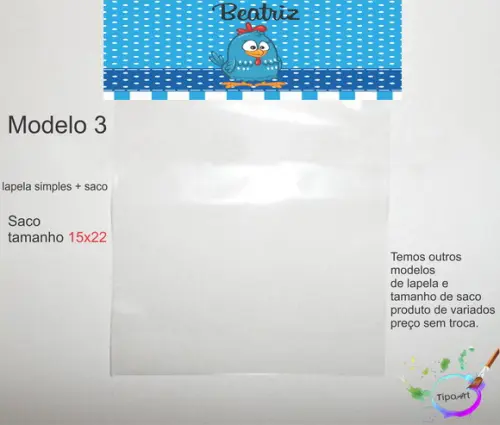 Lapela(simples) e Saco 15x22-galinha Pintadinha