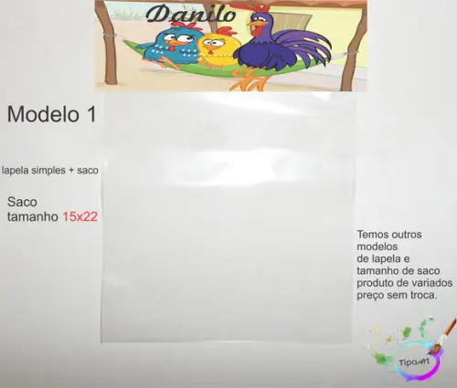 Lapela(simples) e Saco 15x22-galinha Pintadinha
