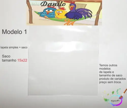 Lapela(simples) e Saco 15x22-galinha Pintadinha