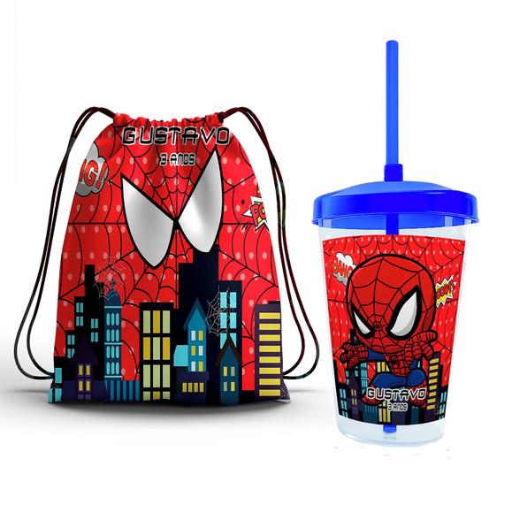 Kit Lembrancinha Copo 400ml Mochila Homem Aranha Baby